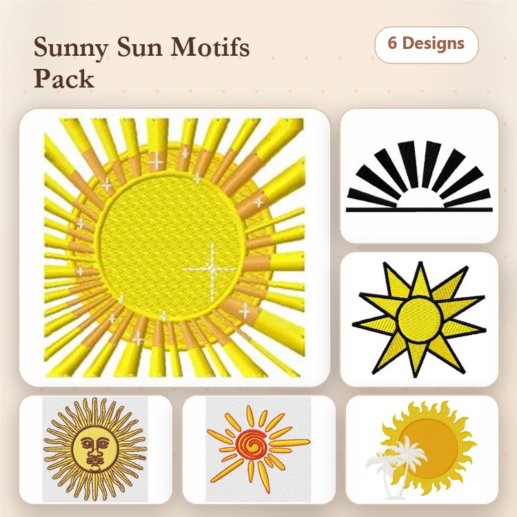 Sun Embroidery Designs Bundle – Sun with Rays, Radiating Sun, Smiling Sun Face & More (6 Designs)