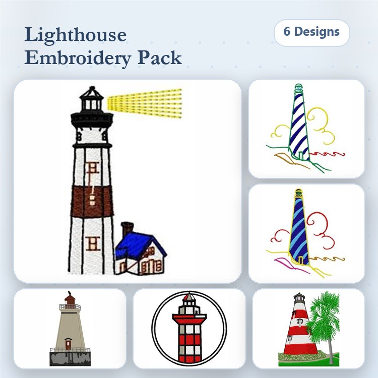 Lighthouse Embroidery Designs Bundle – Lighthouse with House, Tall Striped Lighthouse, Red and White Lighthouse & More (6 Designs)