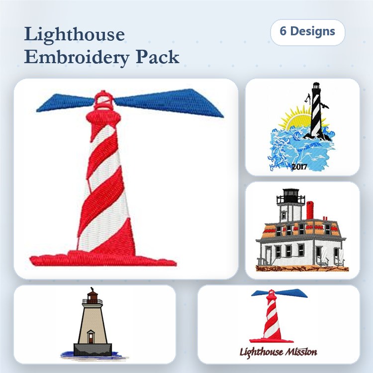Lighthouse Embroidery Designs Bundle – Red and White Lighthouse, Historic Lighthouse, Lighthouse with Waves & More (6 Designs)