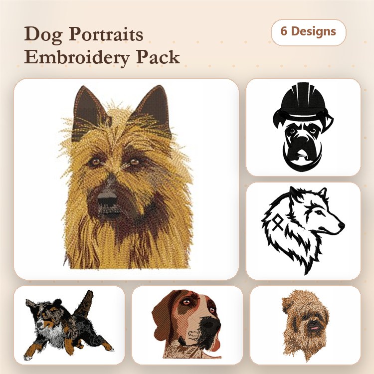 Boxer Dog, Wolf & Australian Shepherd Embroidery Bundle – Dog Breeds (6 Designs)