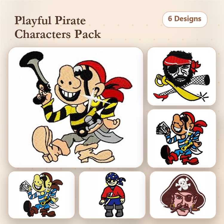 Playful Pirate Characters Embroidery Designs Bundle – Pirate with Hook, Pirate with Bandana and Sword, Pirate Captain & More (6 Designs)
