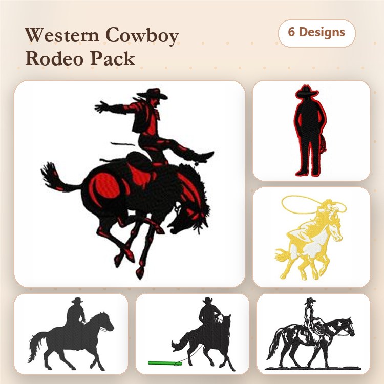 Western Cowboy Rodeo Embroidery Designs Bundle – Rodeo Cowboy on Bucking Horse, Standing Cowboy Silhouette, & More (6 Designs)