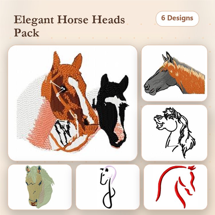 Elegant Horse Heads Embroidery Bundle – Chestnut Horse Head, Black Horse Head, Horse Profile & More (6 Designs)