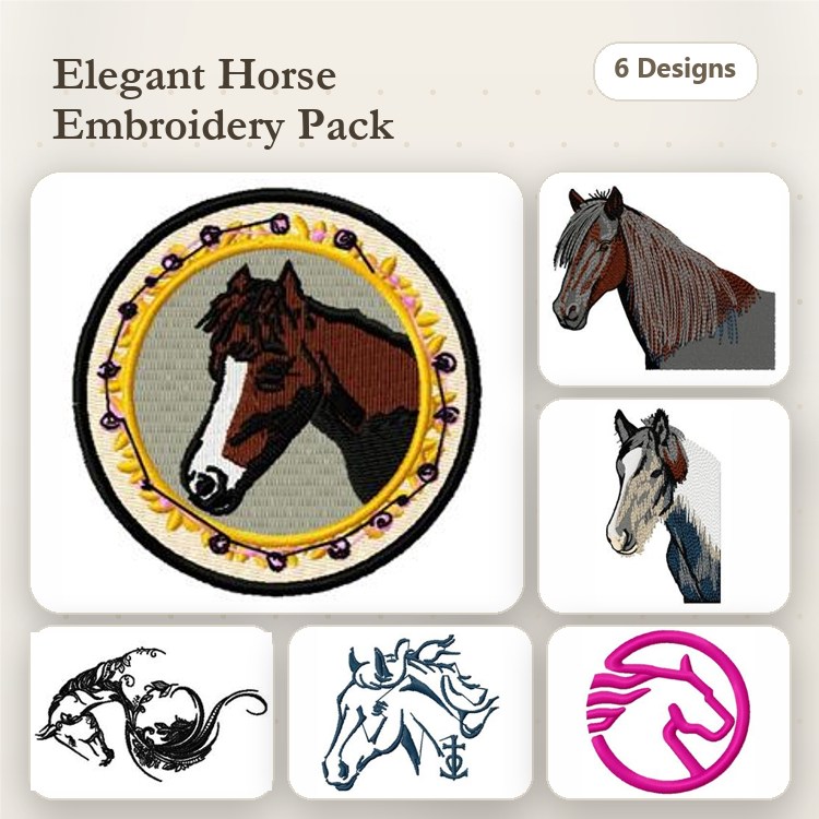 Elegant Horses Embroidery Bundle – Horse Portrait Circle, Galloping Horse, Horse Head Profile & More (6 Designs)