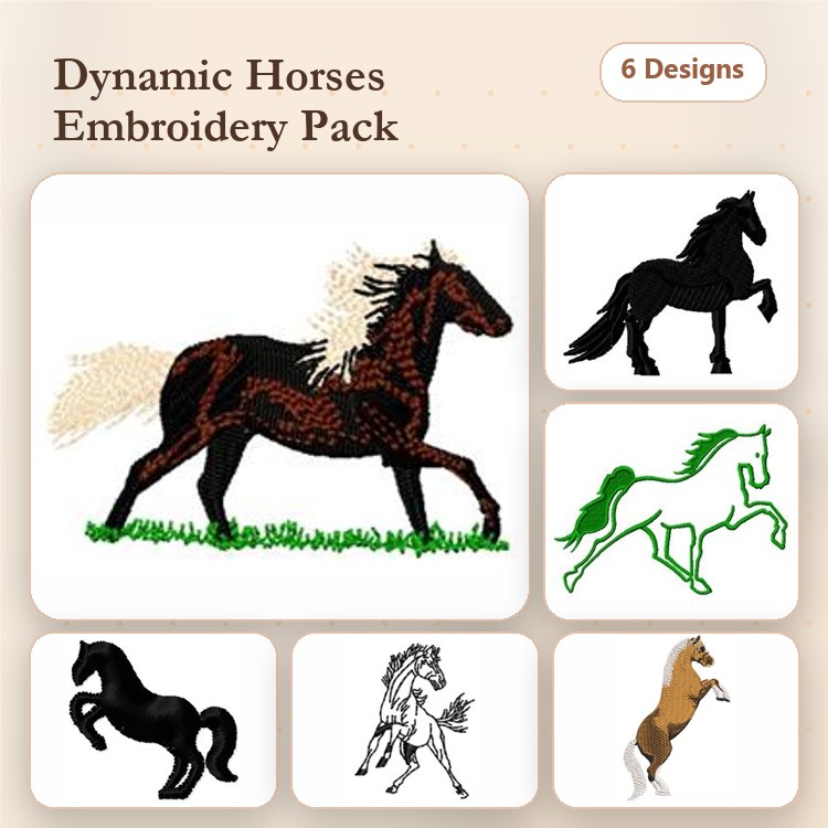 Dynamic Horses Embroidery Bundle – Galloping Horse, Rearing Horse, Walking Horse & More (6 Designs)