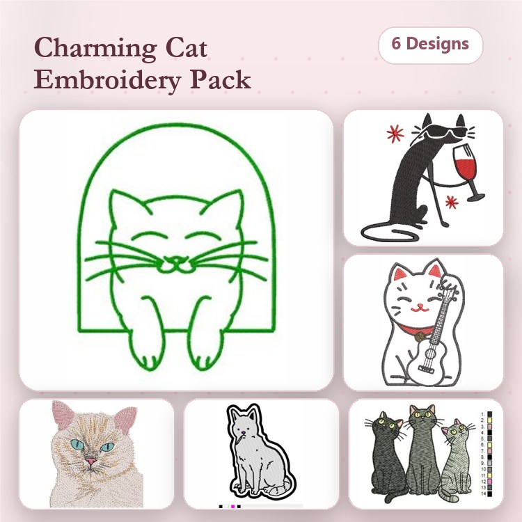 Charming Cats Embroidery Designs Bundle – Happy Cat, Sassy Cat with Wine Glass, Cat with Guitar & More (6 Designs)