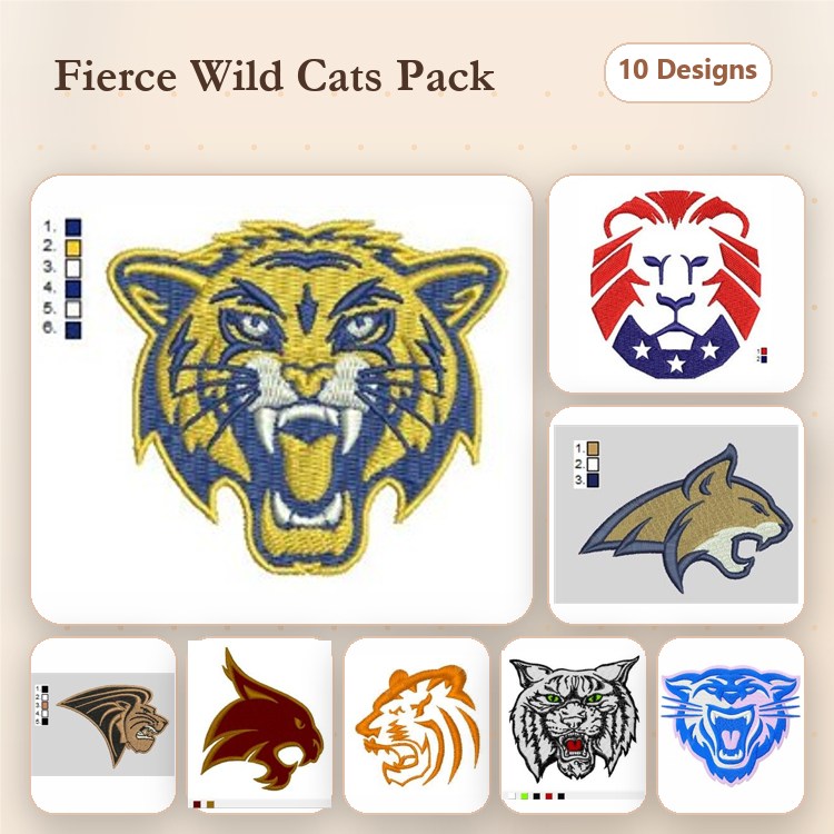 Fierce Wild Cats Embroidery Designs Bundle – Tiger, Lion Head, Cheetah Face & More (10 Designs)