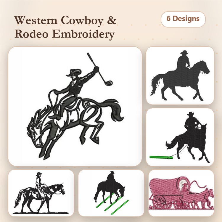 Western Cowboy & Rodeo Embroidery Designs Bundle – Cowboy on Galloping Horse, Rodeo Cowboy, Covered Wagon & More (6 Designs)