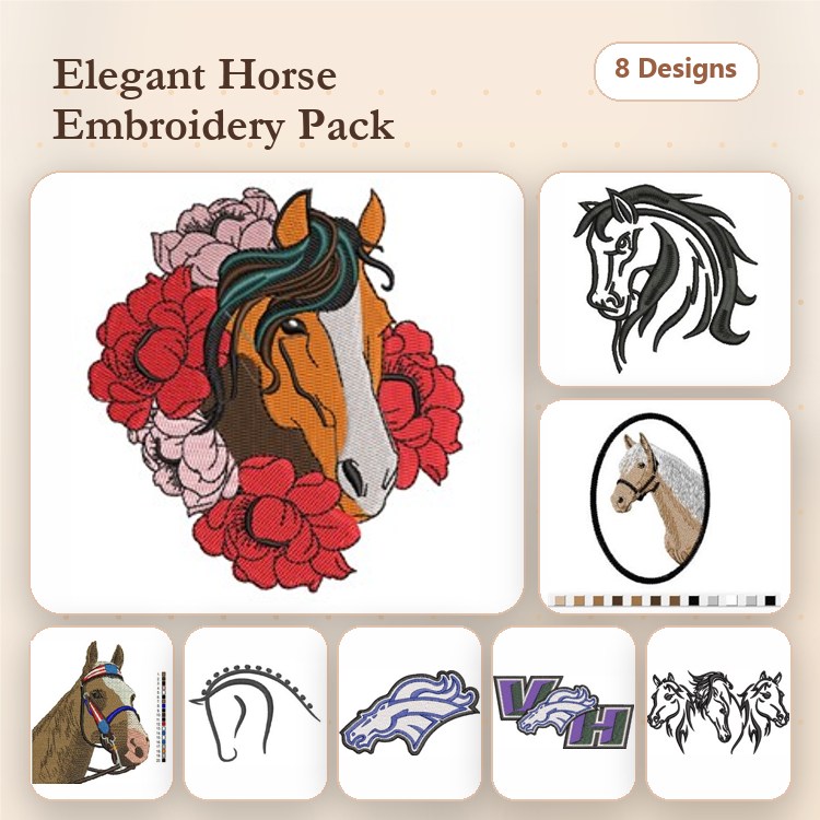 Horse-Themed Embroidery Designs Bundle – Horse Head with Flowers, Detailed Horse Face, Horse Silhouettes & More (8 Designs)