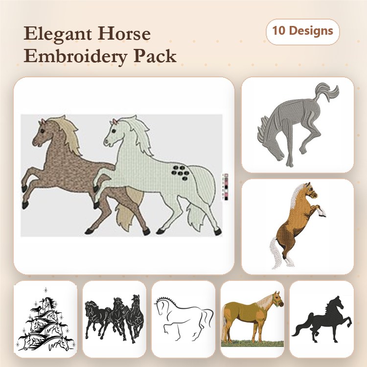 Horses Embroidery Bundle – Galloping Horse Pair, Rearing Horse, Horse Silhouette & More (10 Designs)