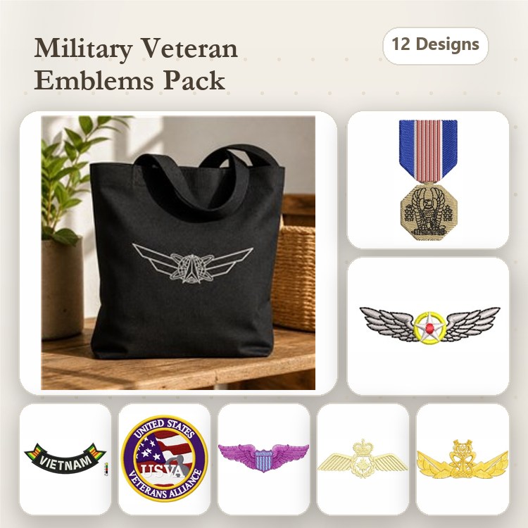 Military Veteran Emblems Embroidery Designs Bundle – Vietnam, Korean War, Medal of Honor & More (12 Designs)