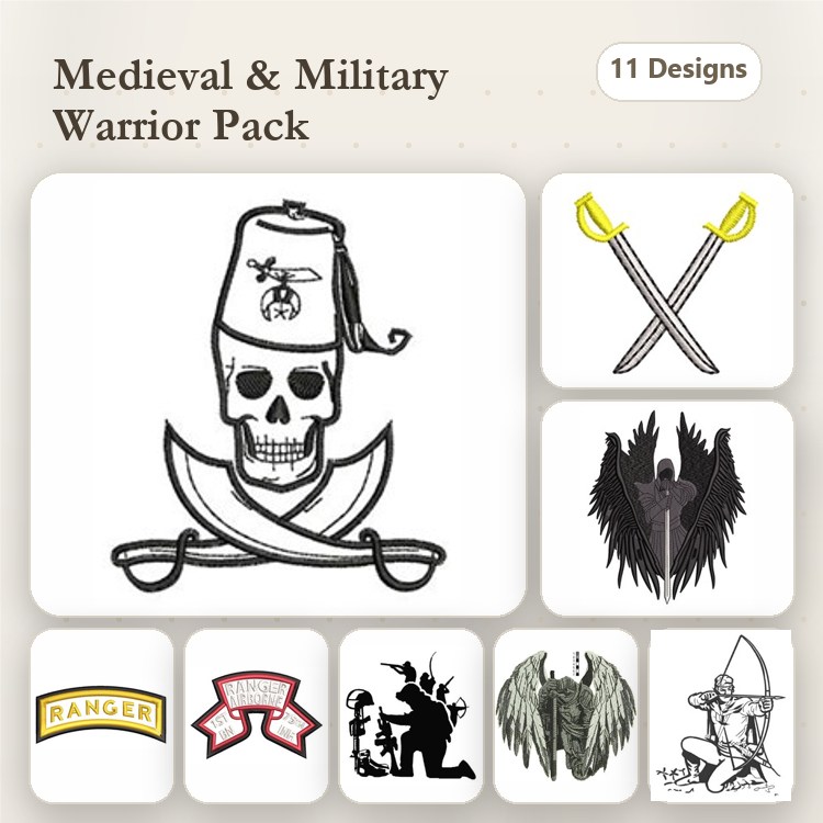 Medieval & Military Embroidery Bundle – Skull and Cross Swords, Crossed Swords, Angel Wings & More (11 Designs)