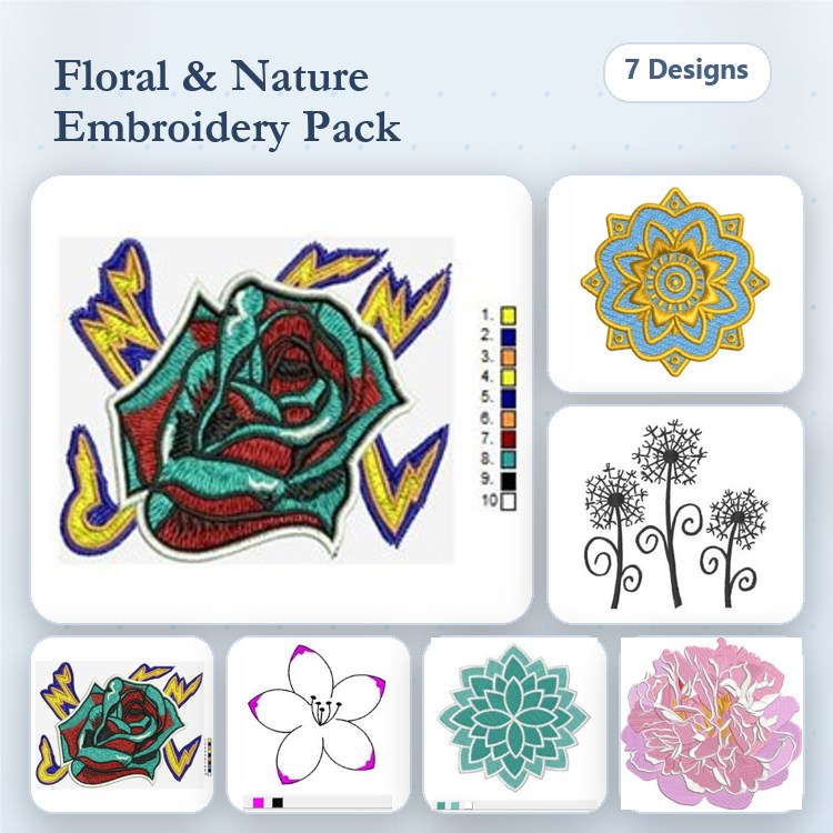 Floral & Nature Embroidery Designs Bundle – Rose with Lightning, Mandala, Simple Flower & More (7 Designs)