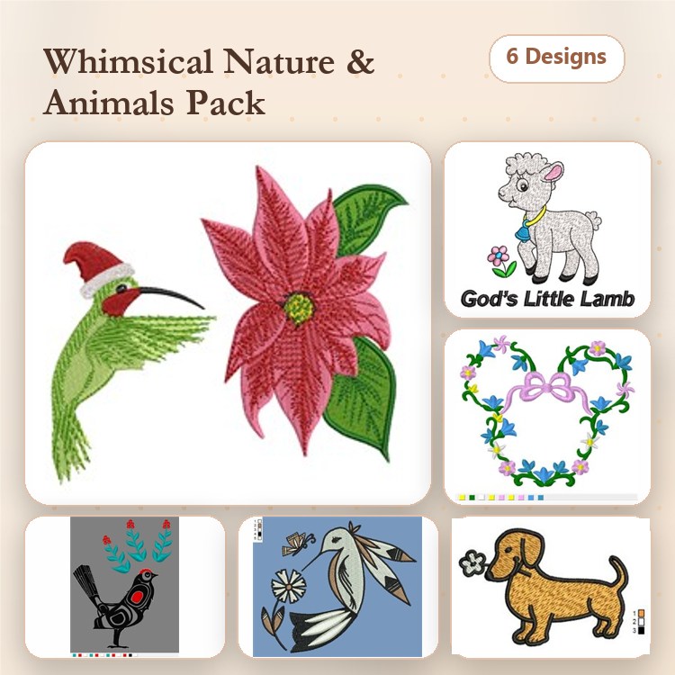 Hummingbird & Poinsettia Embroidery Bundle – Floral & Animal Designs (6 Designs)