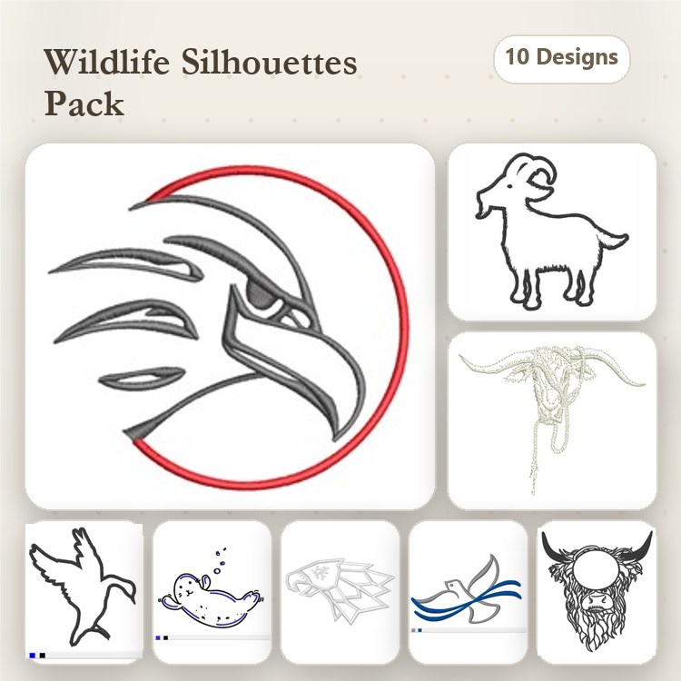 Wildlife Silhouettes Embroidery Designs Bundle – Eagle, Mountain Goat, Longhorn Skull & More (10 Designs)