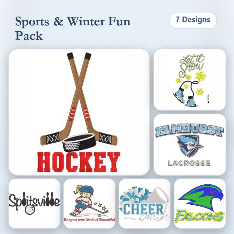 Sports and Winter Fun Embroidery Designs Bundle – Hockey Crossed Sticks & Puck, Penguin, Cheer & More (7 Designs)