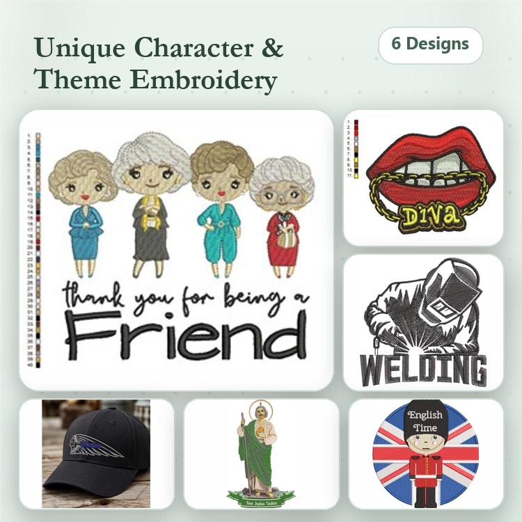 Character & Theme Embroidery Designs Bundle – Friends Character Group, Diva Lips, Welding Design & More (6 Designs)