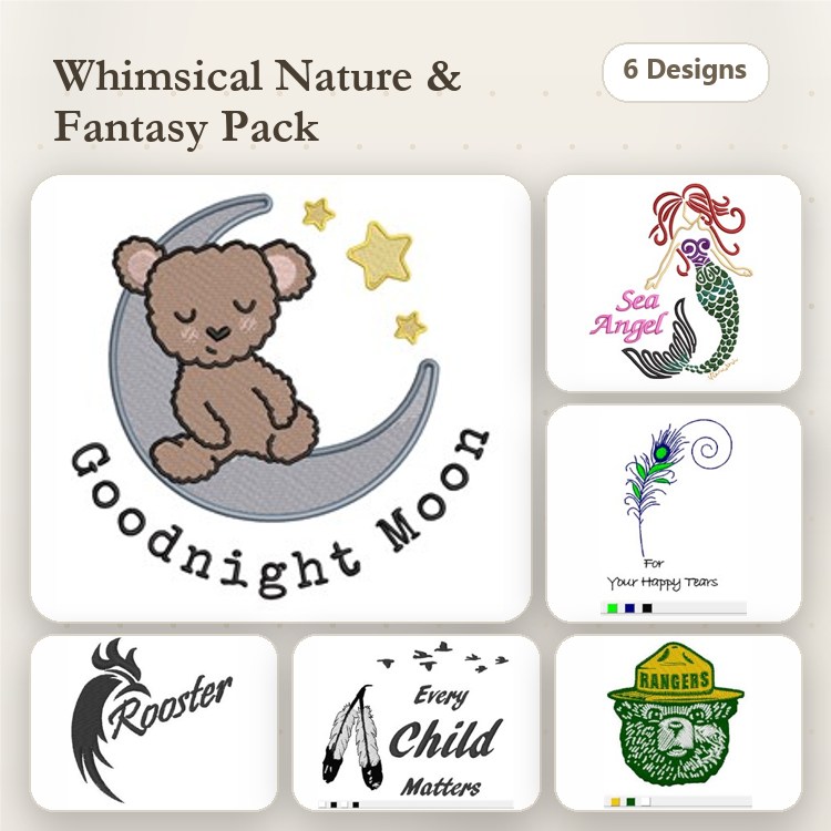 Whimsical Nature Embroidery Designs Bundle – Sleeping Bear on Moon, Sea Angel, Rooster & More (6 Designs)