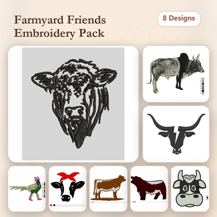 Farmyard Animal Embroidery Bundle – Cow Face, Longhorn, Chicken & More (8 Designs)