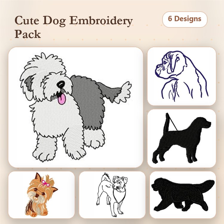 Bulldog, Old English Sheepdog & Labrador Retriever Embroidery Bundle – Dog Designs (6 Designs)