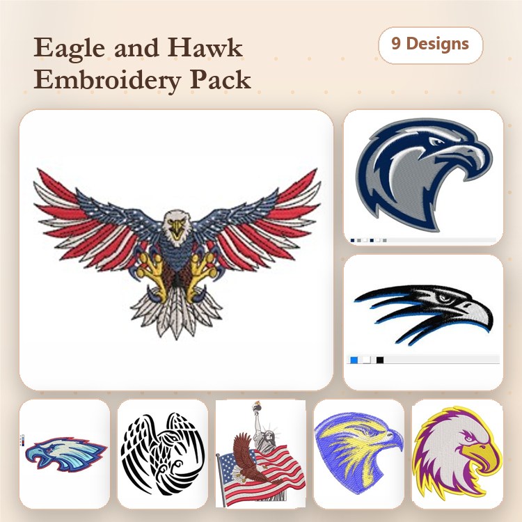 Eagles & Hawks Embroidery Designs Bundle – Bald Eagle with Wings Spread, Soaring Eagle, Hawk in Flight & More (9 Designs)
