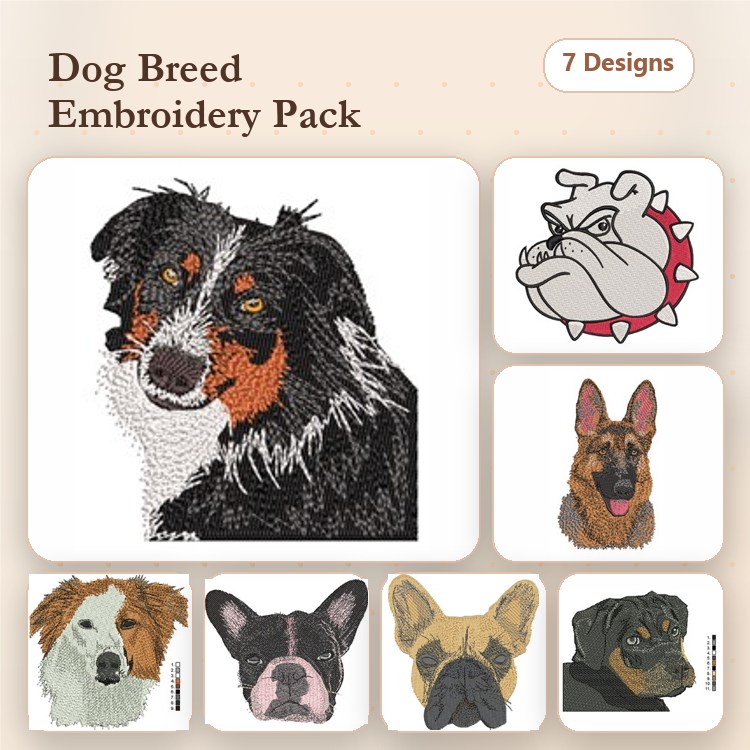 Dog Breed Embroidery Bundle – Bulldog, Shepherd & More (7 Designs)