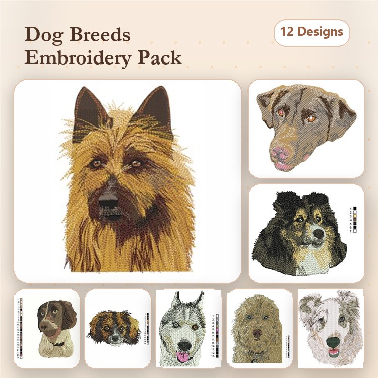 Dog Breed Embroidery Bundle – Belgian Tervuren, Labrador & More (12 Designs)