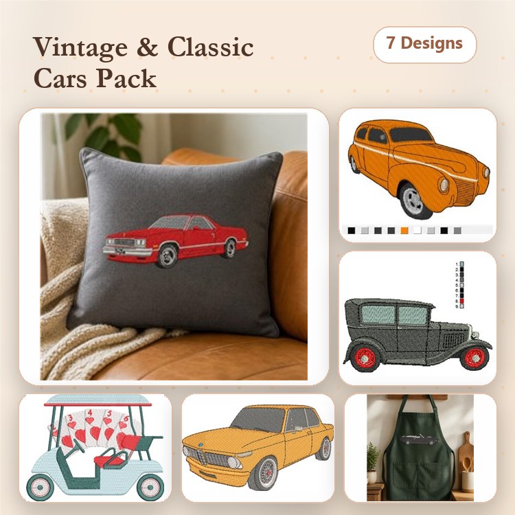 Classic Cars Embroidery Bundle – Red Classic Car, Orange Vintage Car, Golf Cart with Hearts & More (7 Designs)