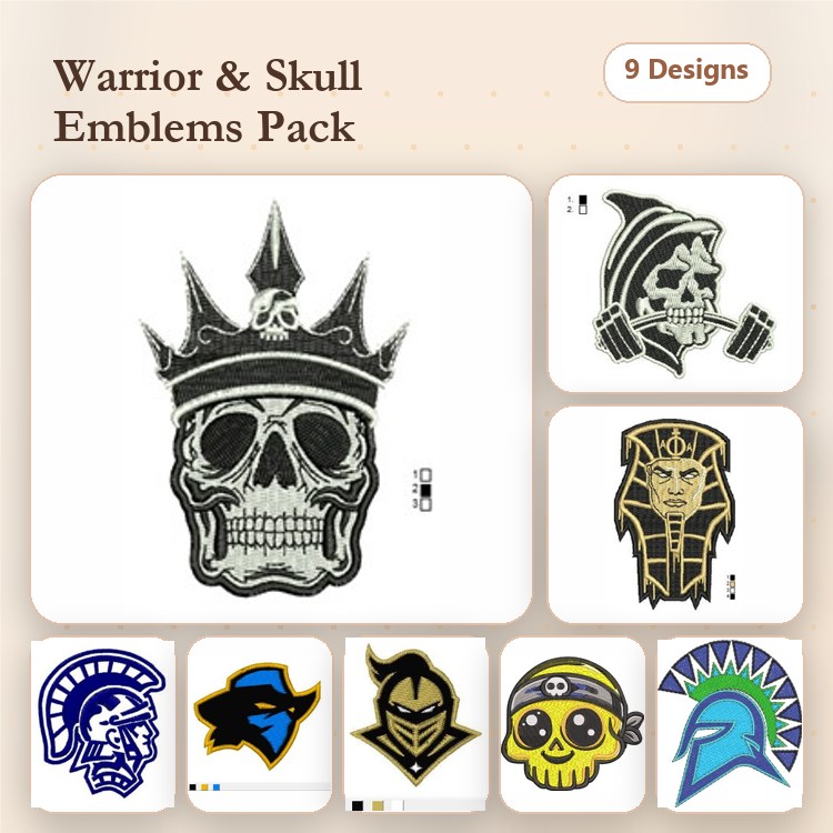 Warrior and Skull Emblems Embroidery Designs Bundle – Crowned Skull, Spartan Helmet, Pirate Skull & More (9 Designs)