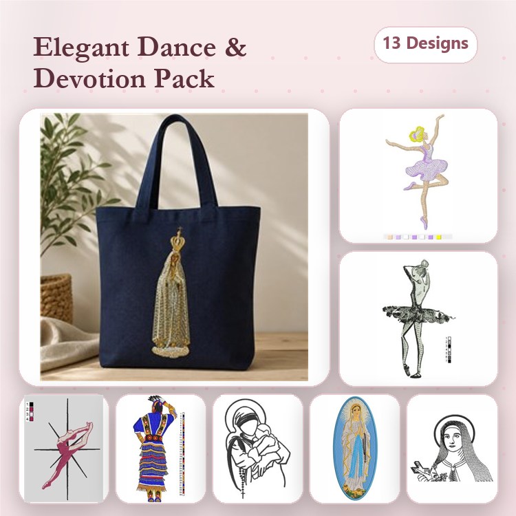Dance & Devotion Embroidery Designs Bundle – Ballet Dancer, Praying Woman, Dancer with Flowers & More (13 Designs)