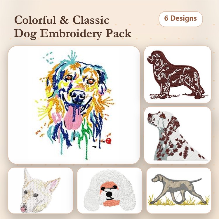 Dog Breed Embroidery Bundle – Labrador, Dalmatian & More (6 Designs)