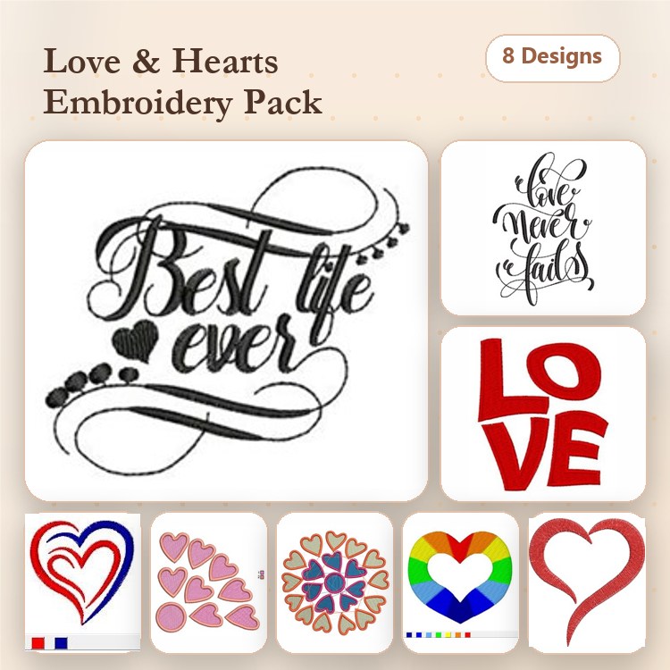 Love & Hearts Embroidery Designs Bundle – Best Life Ever, Heart with Swirls, Rainbow Heart & More (8 Designs)