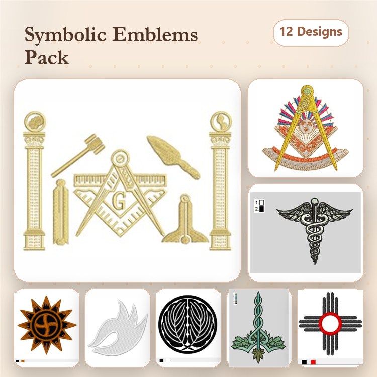 Symbolic Emblems Embroidery Designs Bundle – Masonic Compass and Square, Freemason Emblem, Caduceus Symbol & More (12 Designs)