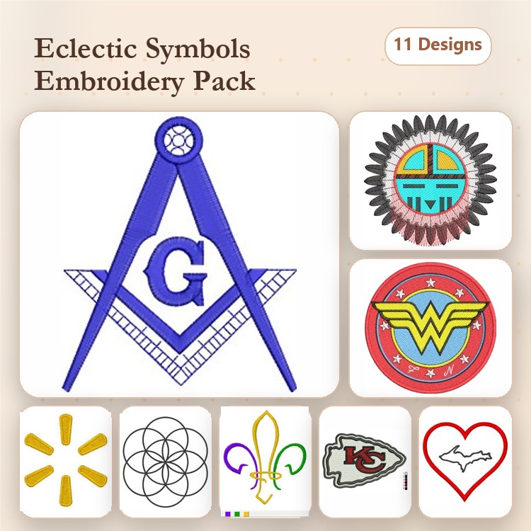 Eclectic Symbols Embroidery Bundle – Freemason Symbol, Wonder Woman Emblem, Kansas City Chiefs Logo & More (11 Designs)