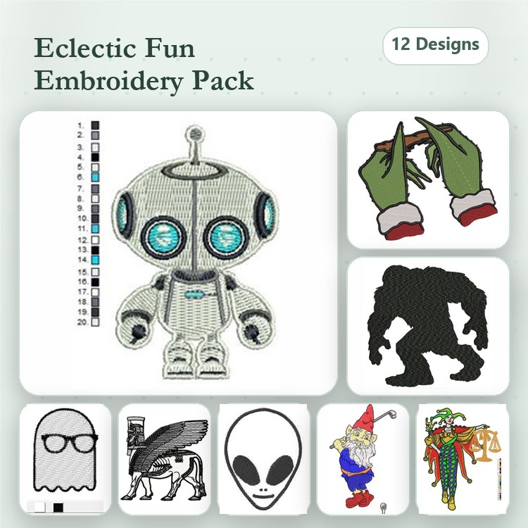 Eclectic Fun Characters Embroidery Designs Bundle – Robot, Alien, Gnome, Yeti & More (12 Designs)