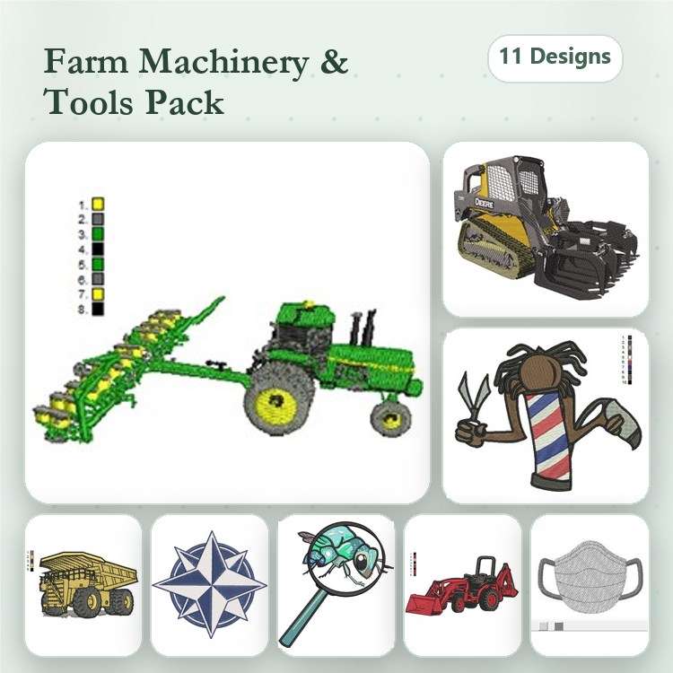 Farm Machinery Embroidery Bundle – Tractor, Plow, Bulldozer & More (11 Designs)