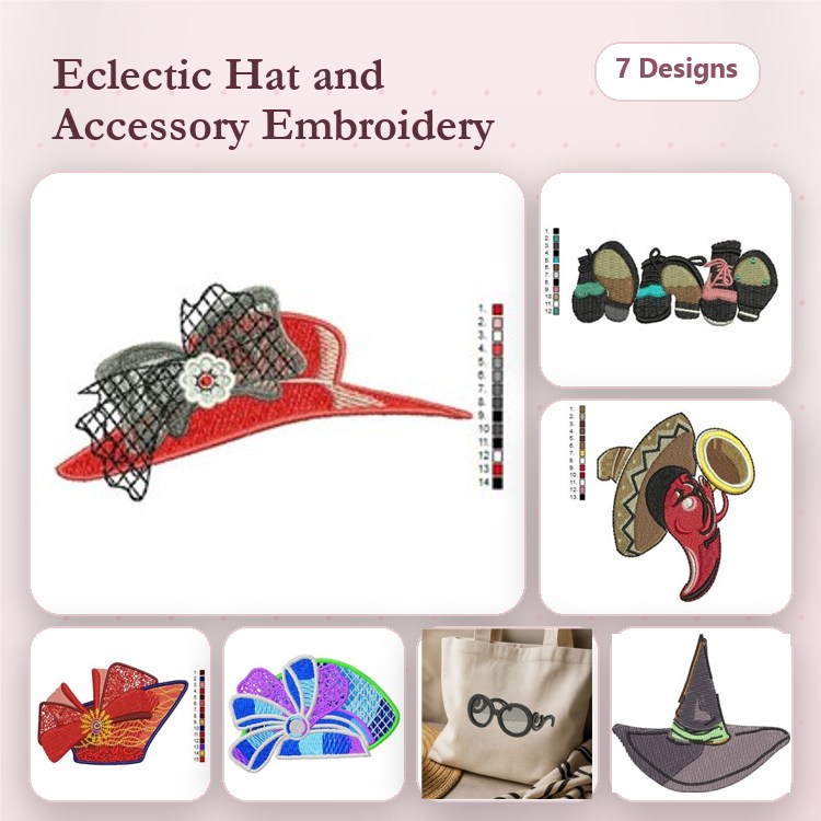 Hat & Accessory Embroidery Designs Bundle – Red Hat with Bow, Colored Sunglasses, Black Witch Hat & More (7 Designs)