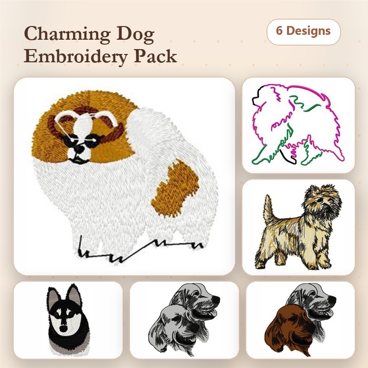 Dog Breed Embroidery Bundle – Pomeranian, Yorkshire Terrier & More (6 Designs)