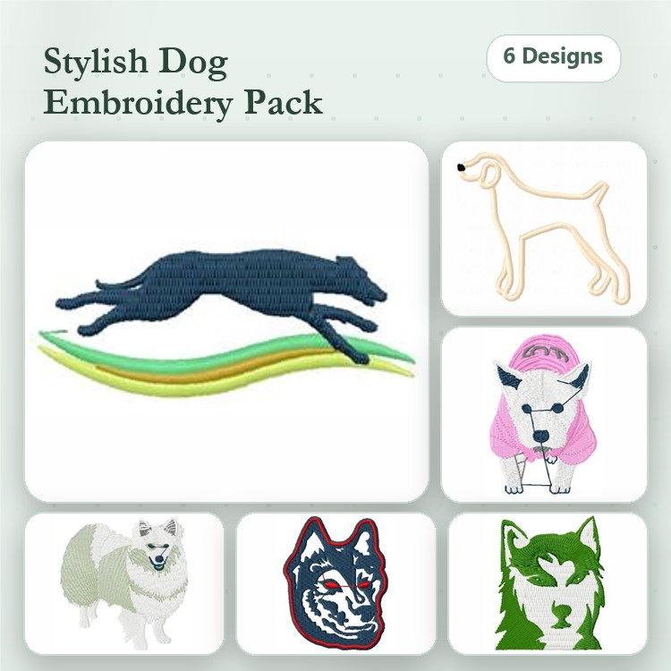 Dog & Wolf Embroidery Bundle – Various Breeds (6 Designs)