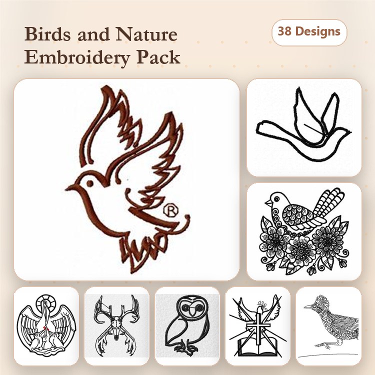 Redwork Birds and Nature Embroidery Designs Bundle – Flying Bird, Owl, Bird on Branch & More (38 Designs)