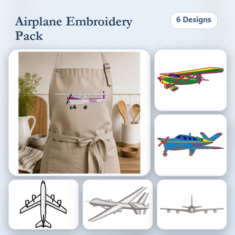 Airplane Embroidery Designs Bundle – Airplane Outline, Colorful Airplane, Single Engine Plane & More (6 Designs)