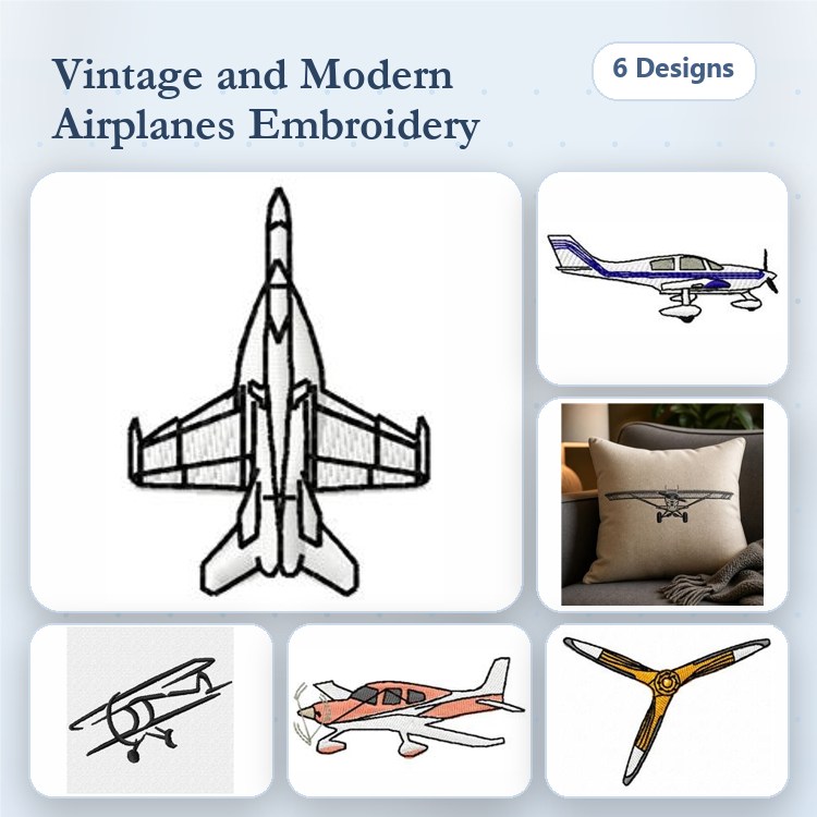 Redwork Vintage & Modern Airplanes Embroidery Designs Bundle – Military Jet, Sport Plane, Glider & More (6 Designs)