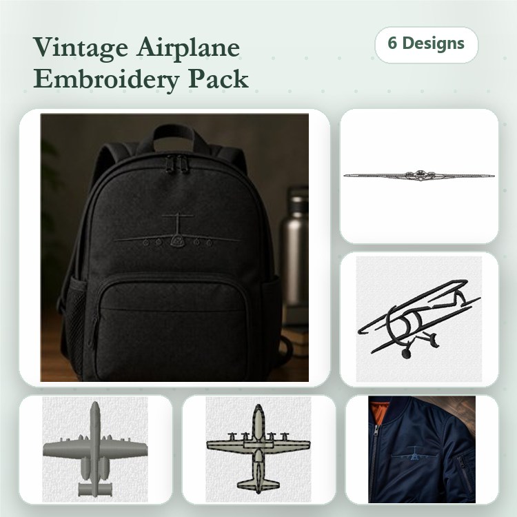 Vintage Airplane Embroidery Designs Bundle – Vintage Airplane Sketch, Biplane Silhouette, Bomber & More (6 Designs)