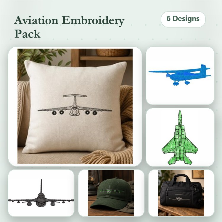 Aviation Themed Embroidery Bundle – Airplane Silhouette, Flight Jet, Military Aircraft & More (6 Designs)