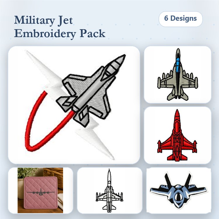 Military Jet Embroidery Designs Bundle – Military Jet in Flight, Red Military Jet, Blue Military Jet & More (6 Designs)