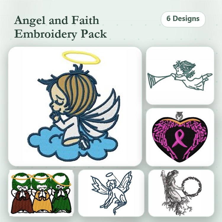 Angelic & Faith Embroidery Designs Bundle – Praying Angel, Angel with Trumpet, Singing Angel & More (6 Designs)