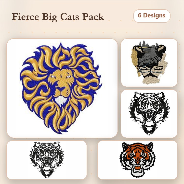 Fierce Big Cats Embroidery Designs Bundle – Lion Head, Tiger Head, Black Panther Head & More (6 Designs)