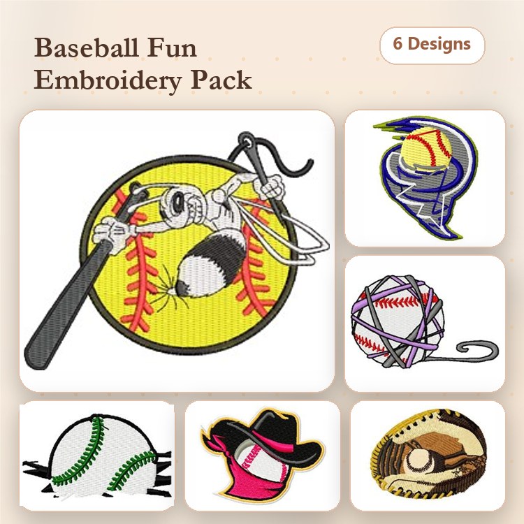 Baseball Embroidery Designs Bundle – Baseball with Bat and Ball, Baseball Glove, Baseball Hat & More (6 Designs)