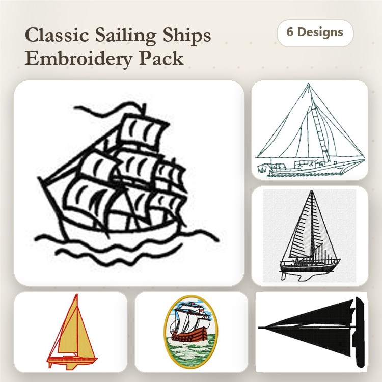Classic Sailing Ships Embroidery Bundle – Sailing Ship, Sailboat, Tall Ship & More (6 Designs)