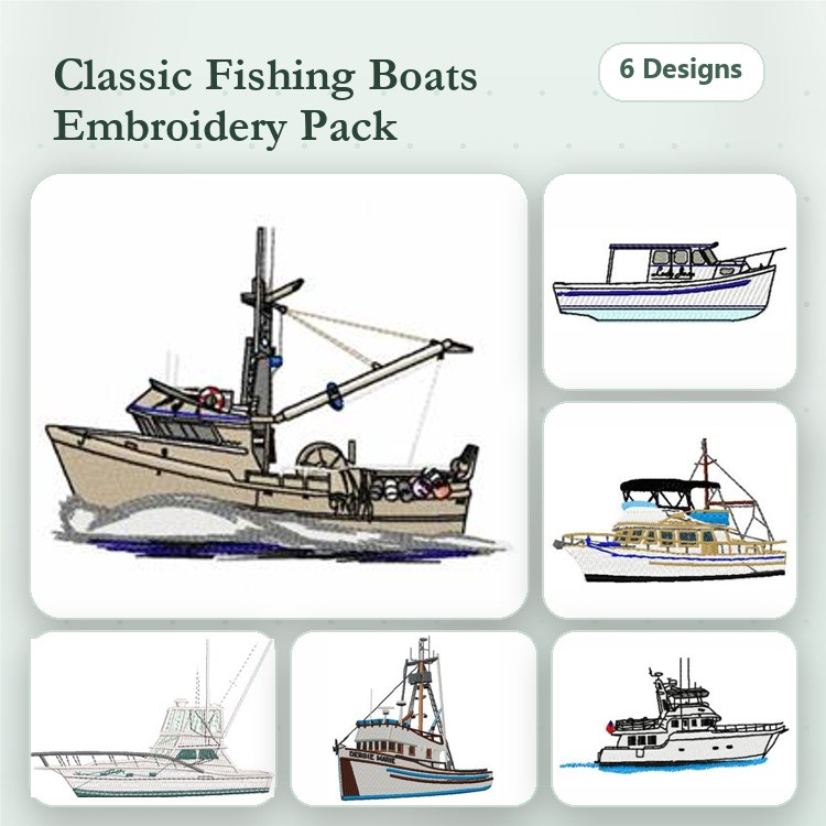 Fishing Boat Embroidery Designs Bundle – Fishing Boat with Net, Elegant Yacht, Classic Trawler & More (6 Designs)